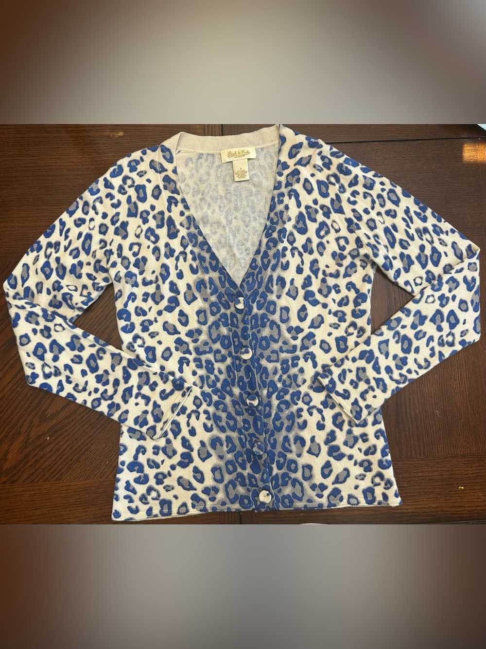 Peck & Peck Blue and White Leopard Print Silk Cashmere Cardigan